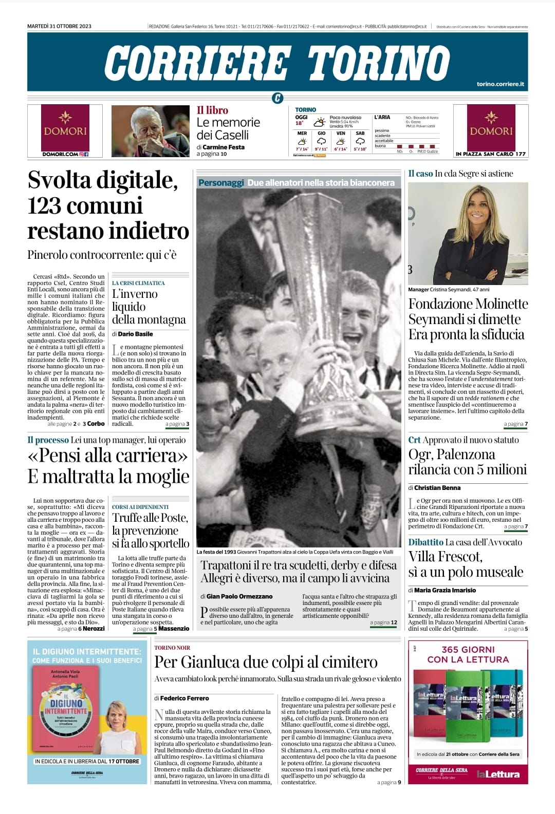 La prima pagina dell'edizione di Torino Corriere della Sera 